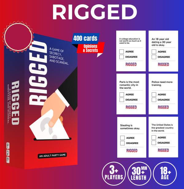 Box of 'Rigged' game with cards on a gradient red and purple background