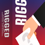 Box of 'Rigged' game with a hand holding a card against a red and blue background