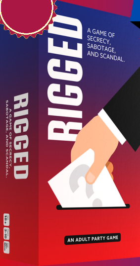 Box of 'Rigged' game with a hand holding a card against a red and blue background