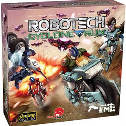 Robotech Cyclone Run game box with action figures and robot design on a pink background