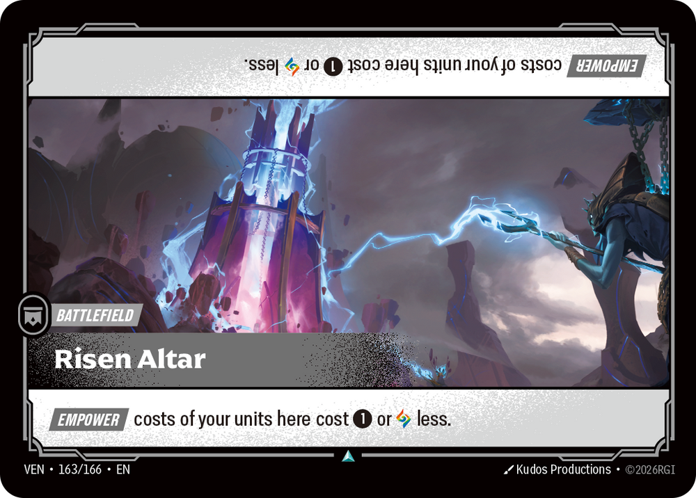 Riftbound Battlefield: Risen Altar. [Empower] costs of your units here cost [1] or [A] less.