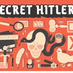 Illustrated cover of 'Secret Hitler' with various symbols and objects on a red background.