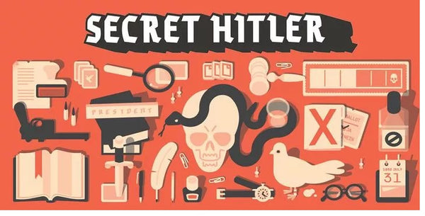 Illustrated cover of 'Secret Hitler' with various symbols and objects on a red background.