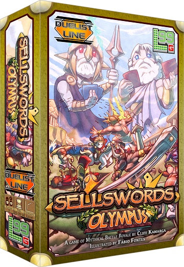 Board game box for 'Sellswords: Olympus' with fantasy characters and artwork.