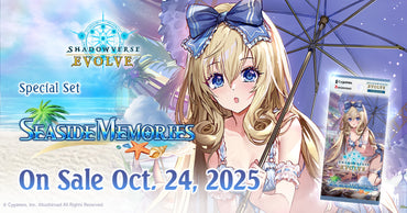 Promotional image for 'Shadowverse Evolve' Seaside Memories Special Set with character holding an umbrella.