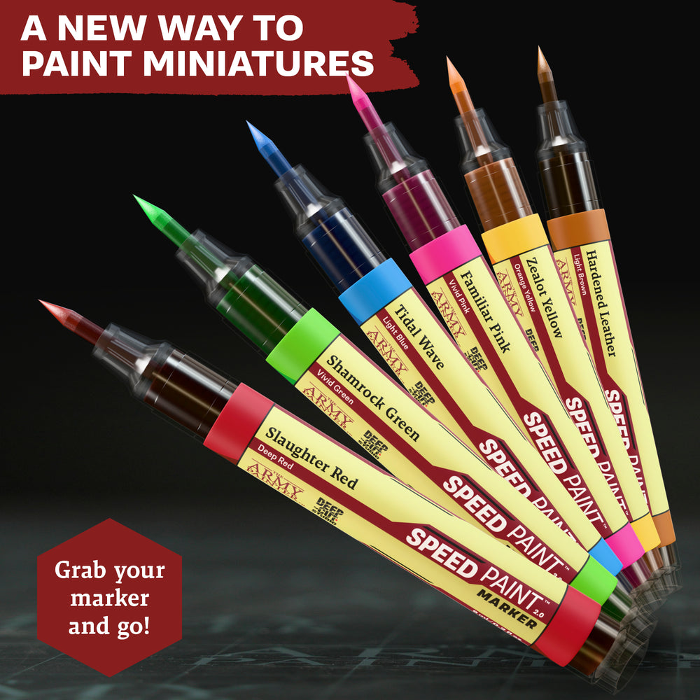 Set of speed paint markers with color names on a dark background