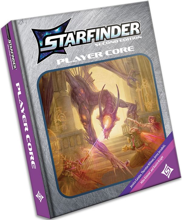 Starfinder Player Core book cover with dragon illustration on a white background