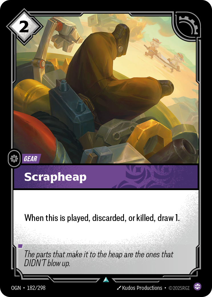 Riftbound Gear: Scrapheap. When this is played, discarded, or killed, draw 1.