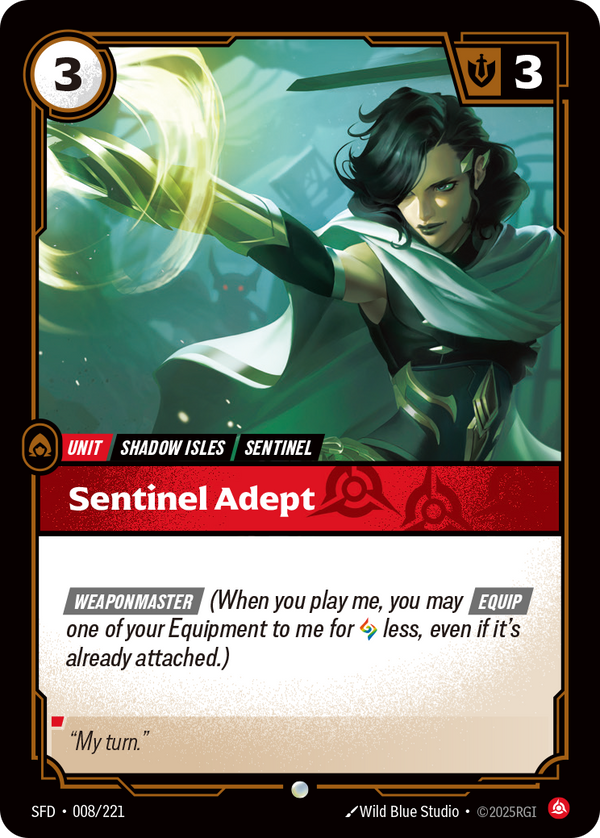Riftbound Unit: Sentinel Adept. [Weaponmaster] (When you play me, you may [Equip] one of your Equipment to me for [A] less, even if it's already attached.)