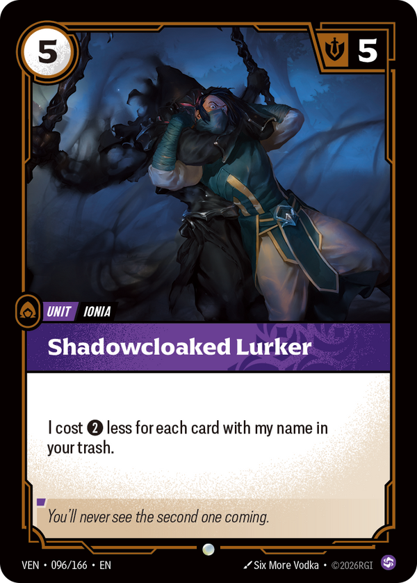 Riftbound Unit: Shadowblade Lurker. I cost [2] less for each card with my name in your trash.