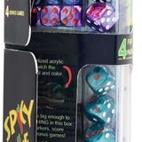 Spicy Dice packaging with dice inside, showing a variety of colors and patterns.
