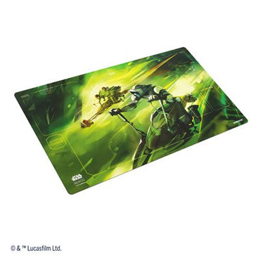 Green playmat with Star Wars design featuring a character with a lightsaber on a white background.