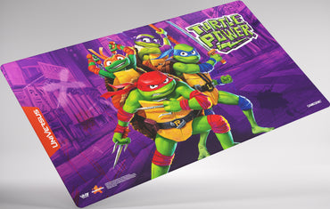 Playmat with Teenage Mutant Ninja Turtles design on a purple background