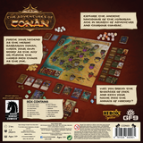 Board game packaging for 'The Adventures of Conan' with game pieces and map on a red background.