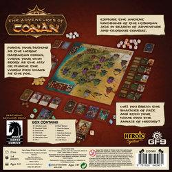 Board game packaging for 'The Adventures of Conan' with game pieces and map on a red background.