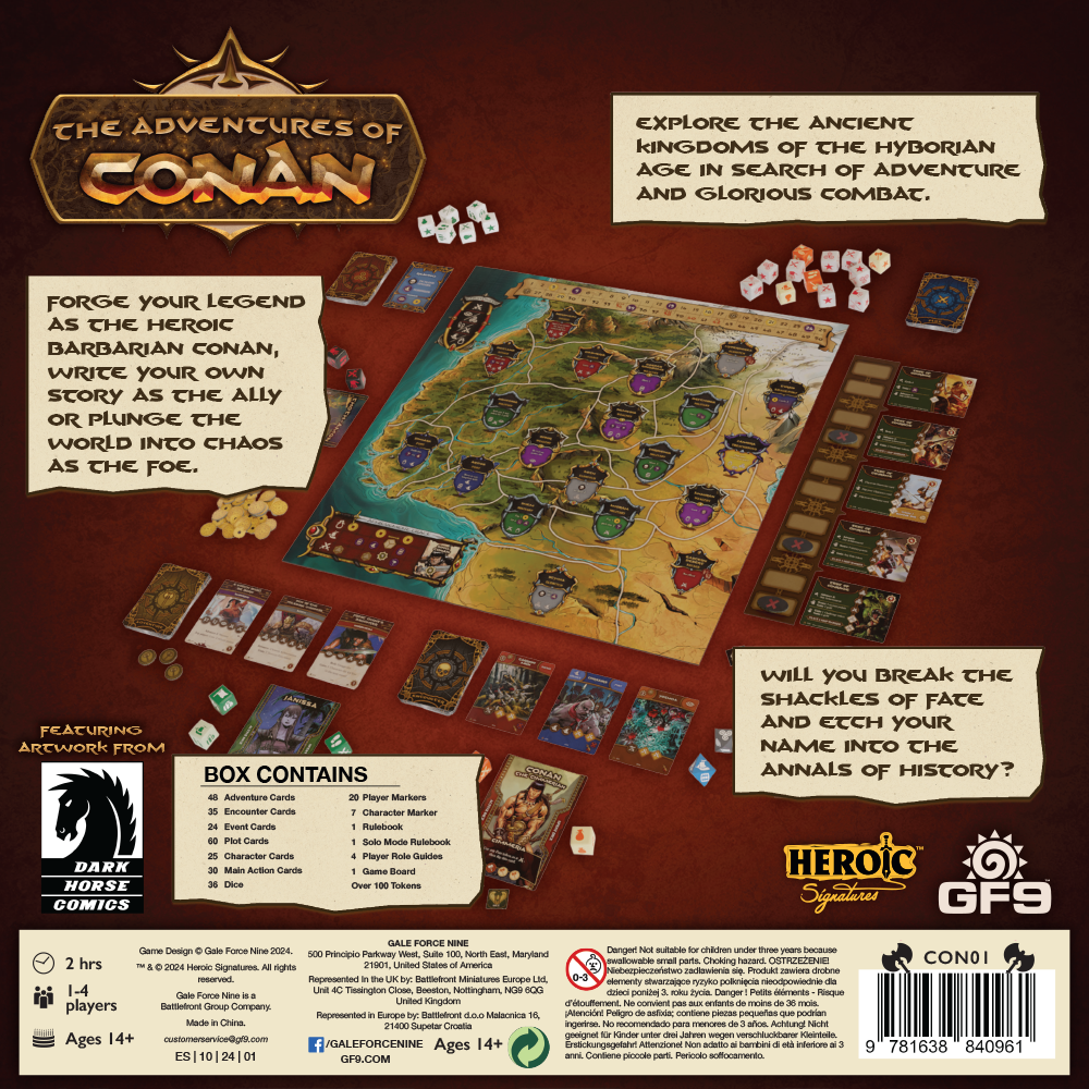Board game packaging for 'The Adventures of Conan' with game pieces and map on a red background.