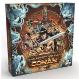 Board game box for 'The Adventures of Conan' with characters and fantasy elements.