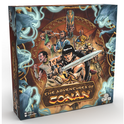Board game box for 'The Adventures of Conan' with characters and fantasy elements.