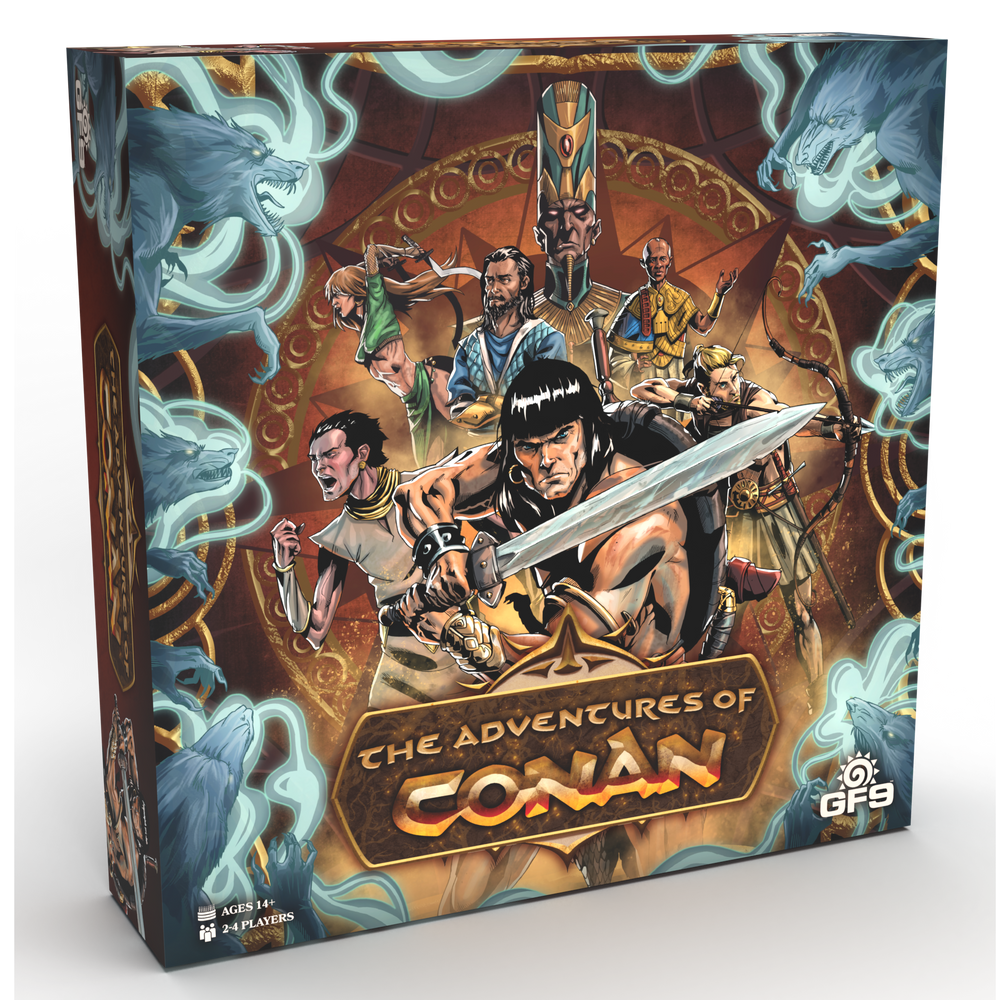 Board game box for 'The Adventures of Conan' with characters and fantasy elements.