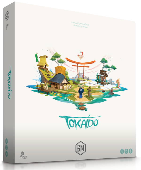 Board game box for 'Tokaido' with colorful illustration on a white background