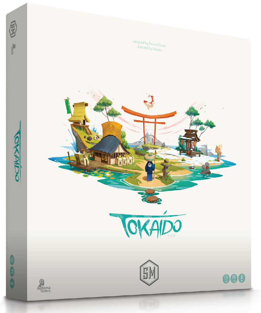 Board game box for 'Tokaido' with colorful illustration on a white background