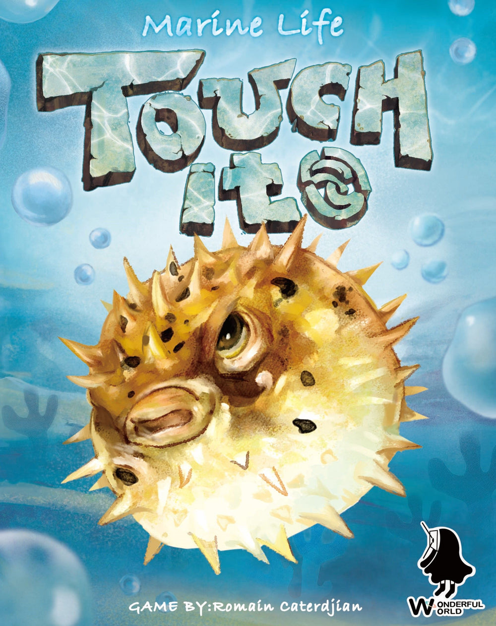 Cover of 'Touch It' marine life game with a pufferfish illustration and bubbles on a blue background.