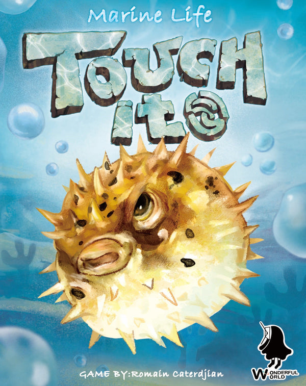 Cover of 'Touch It' marine life game with a pufferfish illustration and bubbles on a blue background.
