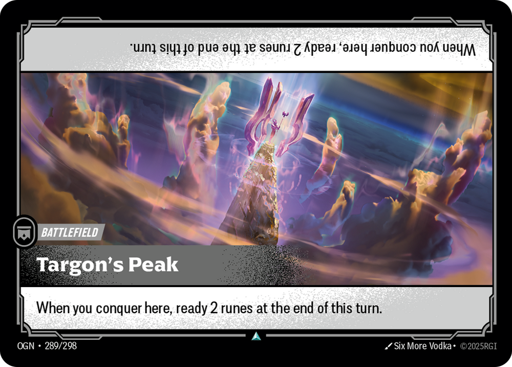 Riftbound Battlefield: Targon's Peak. When you conquer here, ready up to 2 runes at the end of this turn.