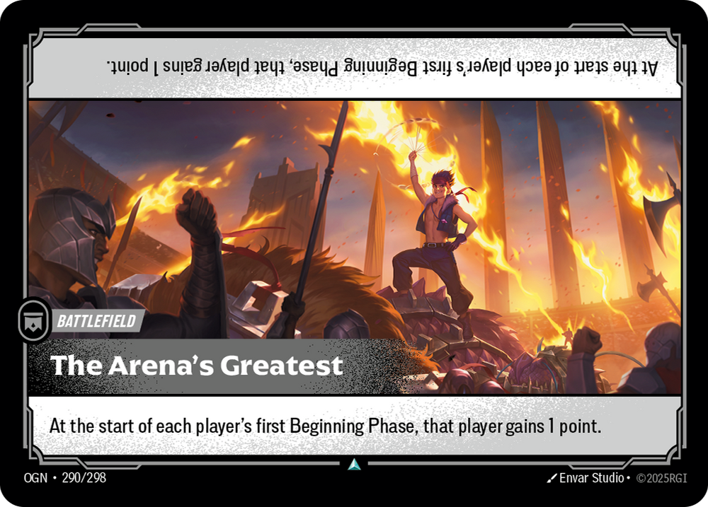 Riftbound Battlefield: The Arena's Greatest. At the start of each player's first Beginning Phase, that player gains 1 point.
