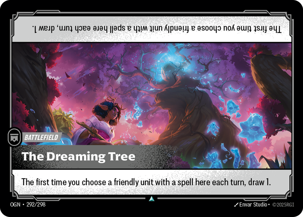 Riftbound Battlefield: The Dreaming Tree. When a player chooses a friendly unit here with a spell for the first time each turn, they draw 1.