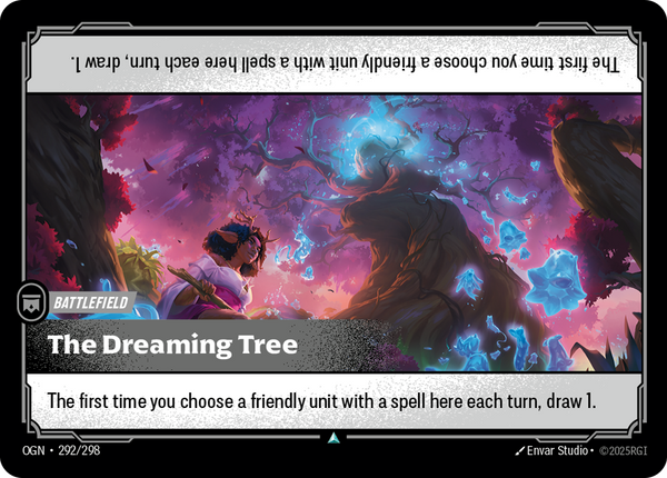 Riftbound Battlefield: The Dreaming Tree. When a player chooses a friendly unit here with a spell for the first time each turn, they draw 1.