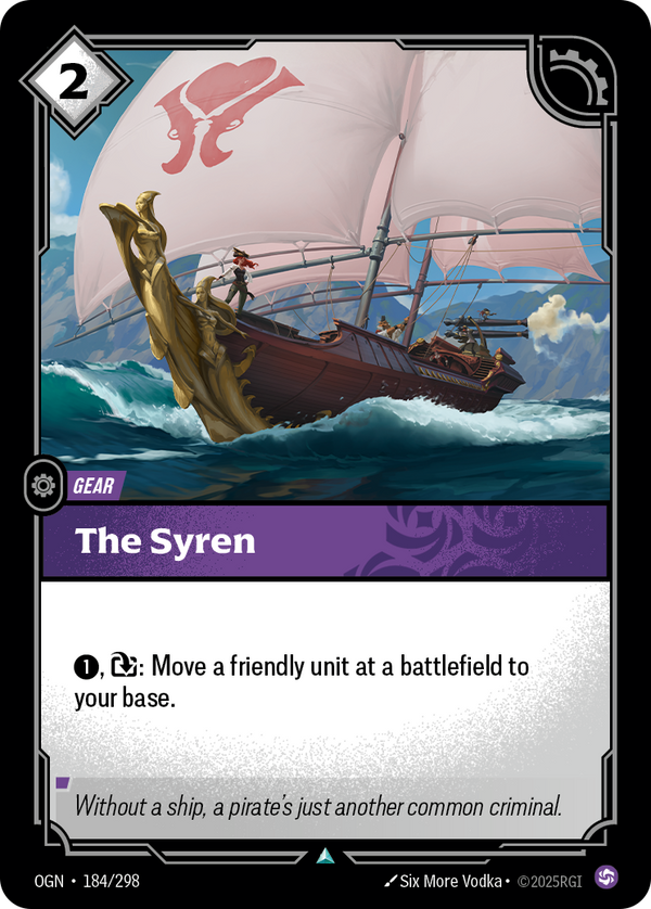 Riftbound Gear: The Syren. [1], [E]: Move a friendly unit at a battlefield to its base.