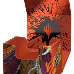 Card holder with orange splatter design and character illustration on a white background