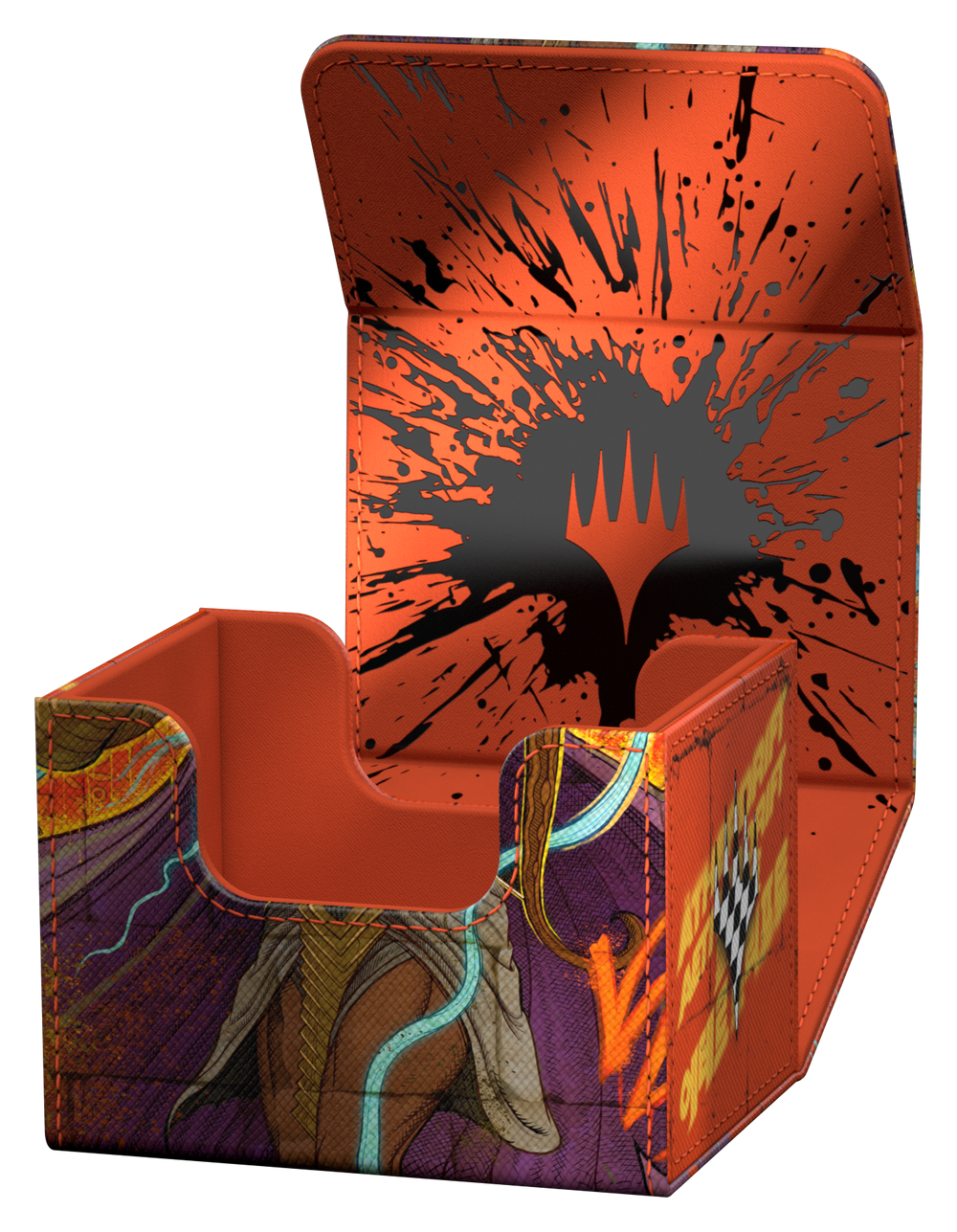 Card holder with orange splatter design and character illustration on a white background