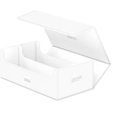 Clear plastic box with a white lid on a white background