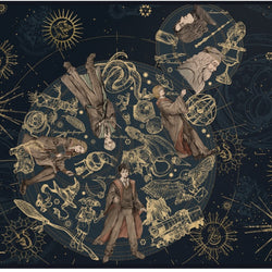 Harry Potter-themed playmat with characters and symbols on a dark background