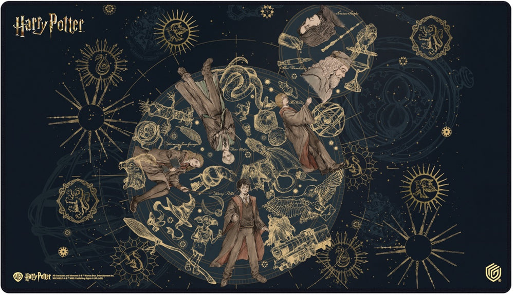 Harry Potter-themed playmat with characters and symbols on a dark background