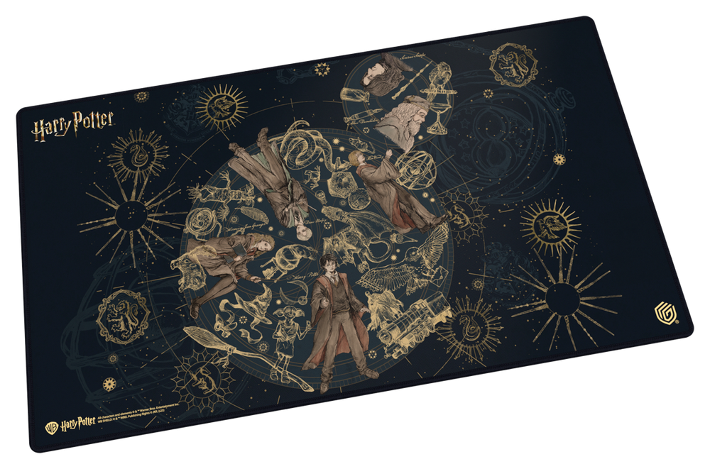 Harry Potter-themed desk mat with character illustrations on a dark background