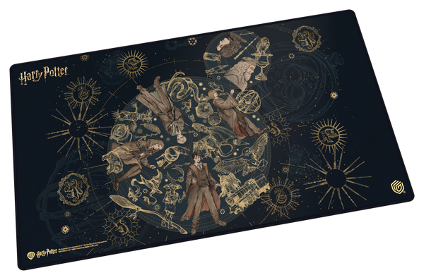Harry Potter-themed desk mat with character illustrations on a dark background