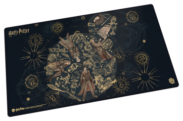 Harry Potter-themed desk mat with character illustrations on a dark background