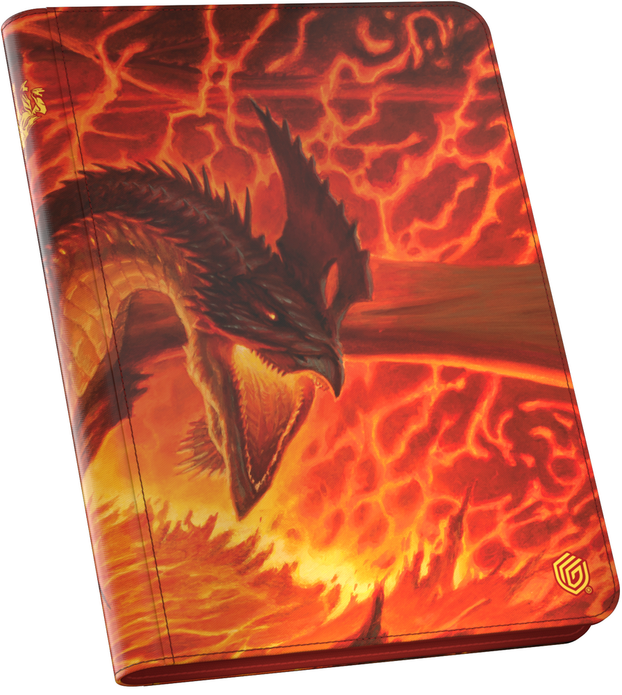 Notebook with dragon design on a fiery background