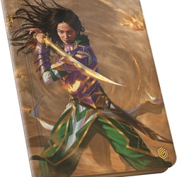Product packaging with an illustration of a warrior holding a sword on a brown background