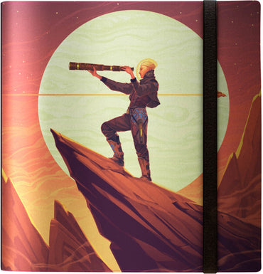 Notebook cover with a person on a mountain peak using a telescope, set against a large moon.