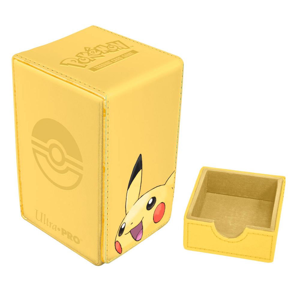 Yellow card storage box with Pikachu design and Ultra Pro logo on a white background