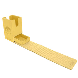 Yellow deckbox with a flat surface and a handle on a white background