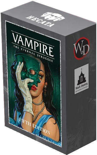Vampire: The Eternal Struggle game box with a woman wearing a green mask on the cover.