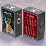 Two card game boxes titled 'Vampire: The Eternal Struggle' and 'Hecata' on a textured surface.