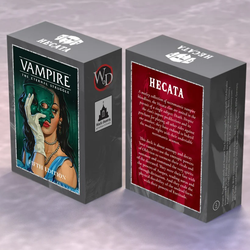 Two card game boxes titled 'Vampire: The Eternal Struggle' and 'Hecata' on a textured surface.