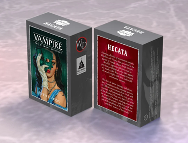 Two card game boxes titled 'Vampire: The Eternal Struggle' and 'Hecata' on a textured surface.