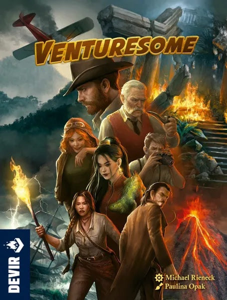 Cover of 'Venturesome' featuring a group of adventurers with a dramatic landscape.